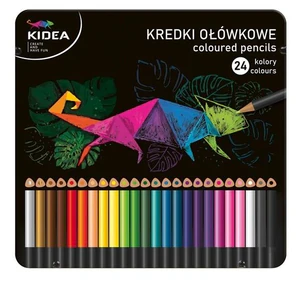 Kredki trójkątne w metalowym pudełku 24 kolory Kidea