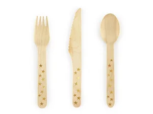 Sztućce drewniane Gwiazdki złote 16cm 18szt Sztućce drewniane Gwiazdki złote 16cm 18szt