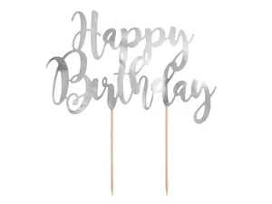 Topper na tort Happy Birthday srebrny 22,5cm Topper na tort Happy Birthday srebrny 22,5cm