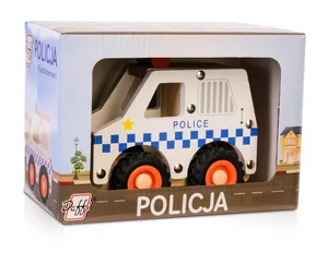 Drewniane auto z oponami Policja