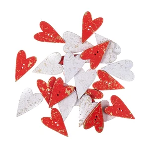 Guziki serca drewniane czerwone & białe złocone 2 x 3,2 cm 24 szt.