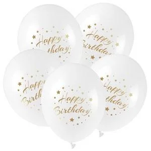 Balony ze złotym nadrukiem Happy Birthday 5szt Balony ze złotym nadrukiem Happy Birthday 5szt