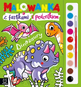 Malowanka z farbkami i pędzelkiem Dinozaury