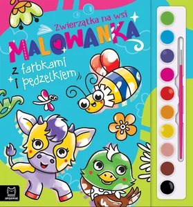 Malowanka z farbkami i pędzelkiem. Zwierzątka na wsi Malowanka z farbkami i pędzelkiem. Zwierzątka na wsi