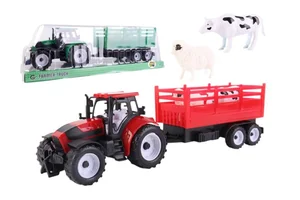Traktor z przyczepą burtową i zwierzętami mix