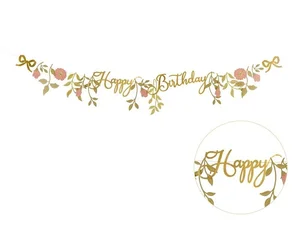 Baner Happy Birthday kwiaty różowo złote 1.3m Baner Happy Birthday kwiaty różowo złote 1.3m