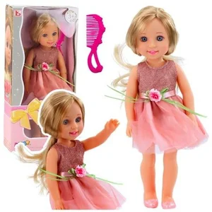 Lalka w sukience z kokardką długie włosy róż 38cm