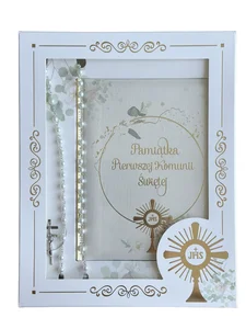 Pamiątka Pierwszej Komunii Świętej w pudełku z prezentem (różańcem)